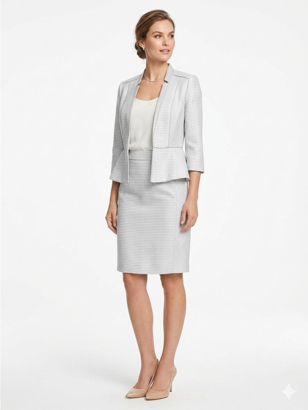 WHBM 2p Blazer Jacket Skirt Suit Set Gray White Shimmer Tweed 4 4P NWT $220